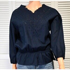 Carla Navy Blue Eyelet Embroidered Peplum Blouse Women’s Size M Boho Top